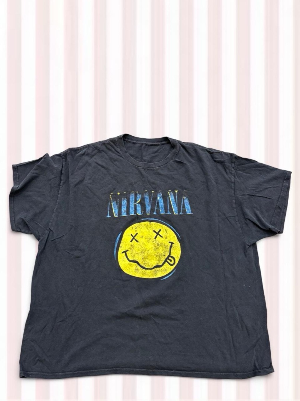 NIRVANA Black Short-Sleeve Tee with Yellow Smiley and Blue Logo